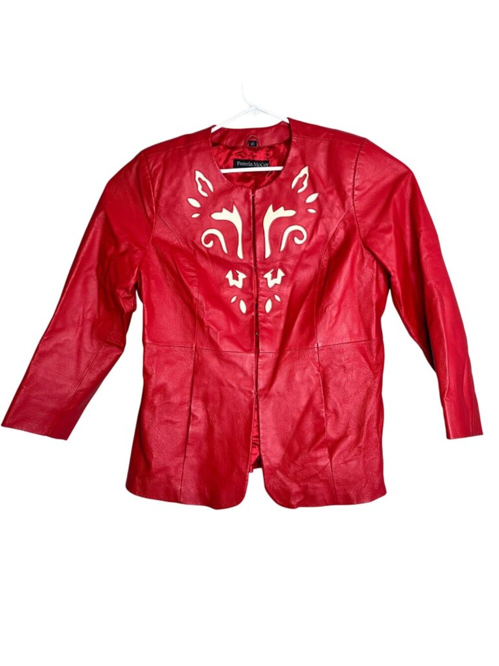 Pamela McCoy Red Genuine Leather Jacket With White Embroidered Details Size 1X